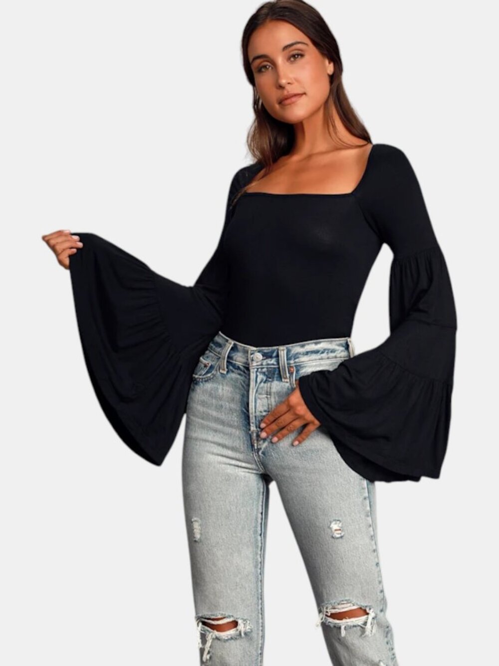 NWT FREE PEOPLE BABETOWN BLACK BELL SLEEVE TOP BOHO SIZE L